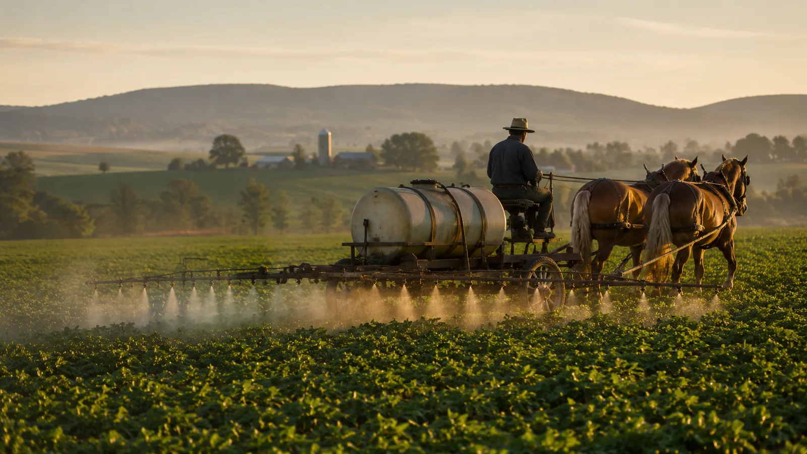 Draft horses pulling a field sprayer through rows of green crops