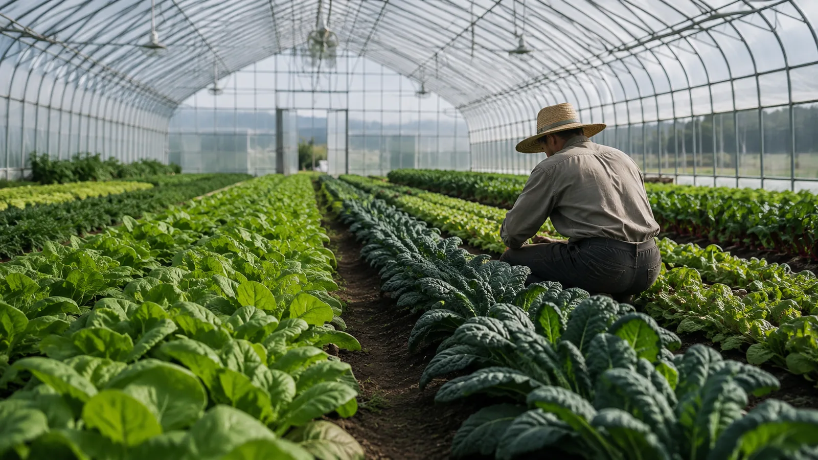 Grower tending rows of leafy greens inside a hoop greenhouse