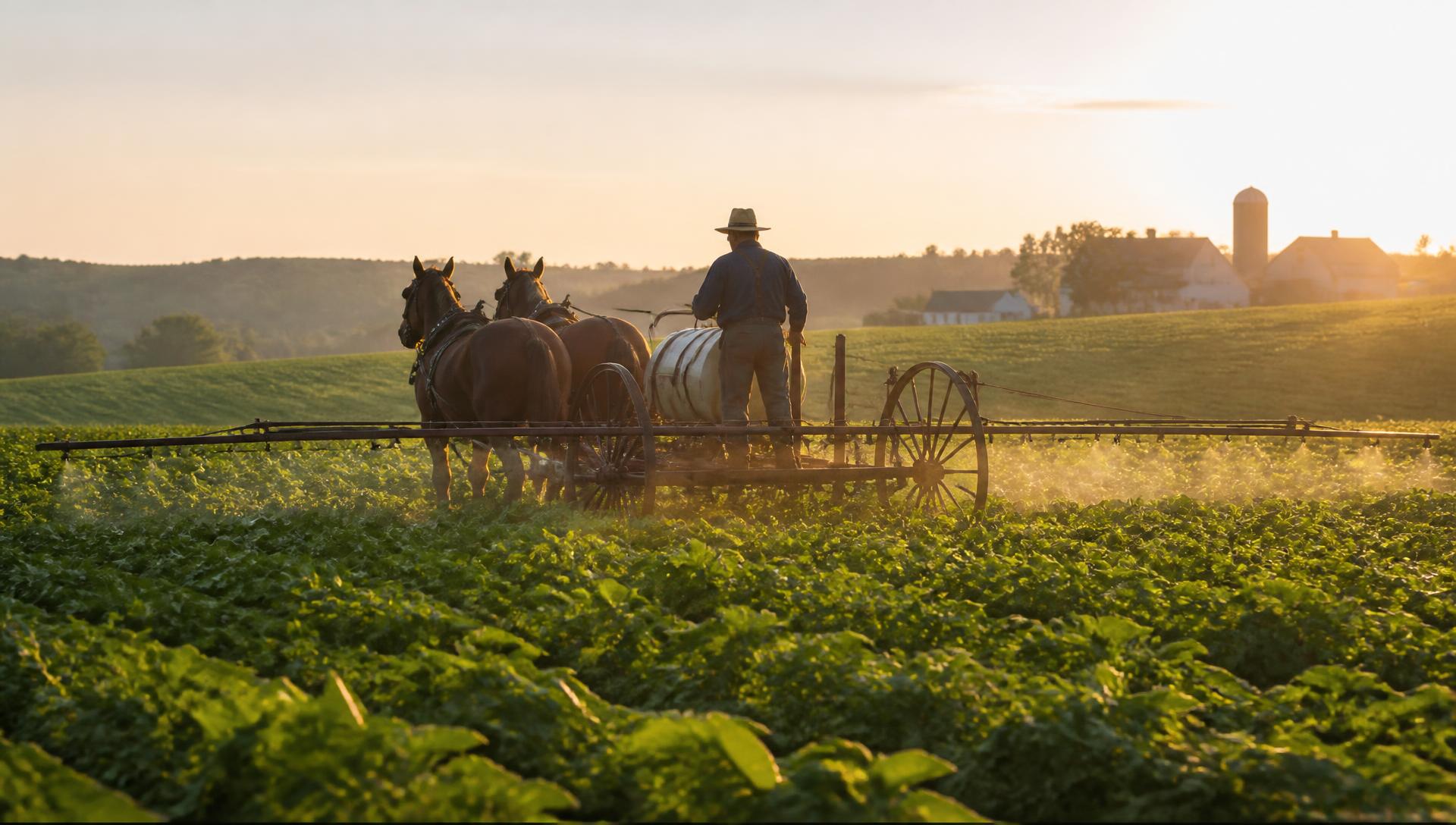 Two draft horses pulling a field sprayer through a green crop field at sunrise