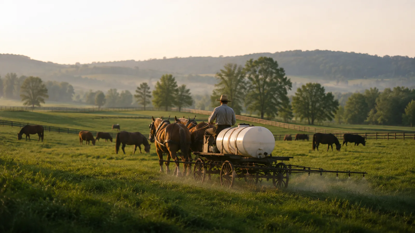 Horse-drawn sprayer working a green pasture with cattle grazing nearby