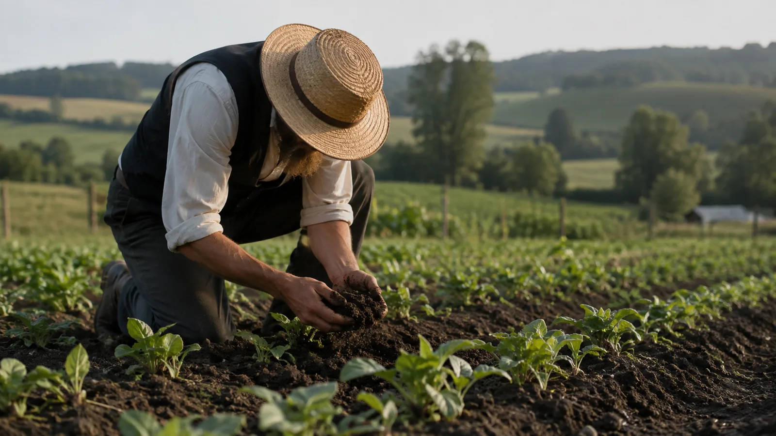 Farmer kneeling in a field, holding dark crumbly soil in his hands