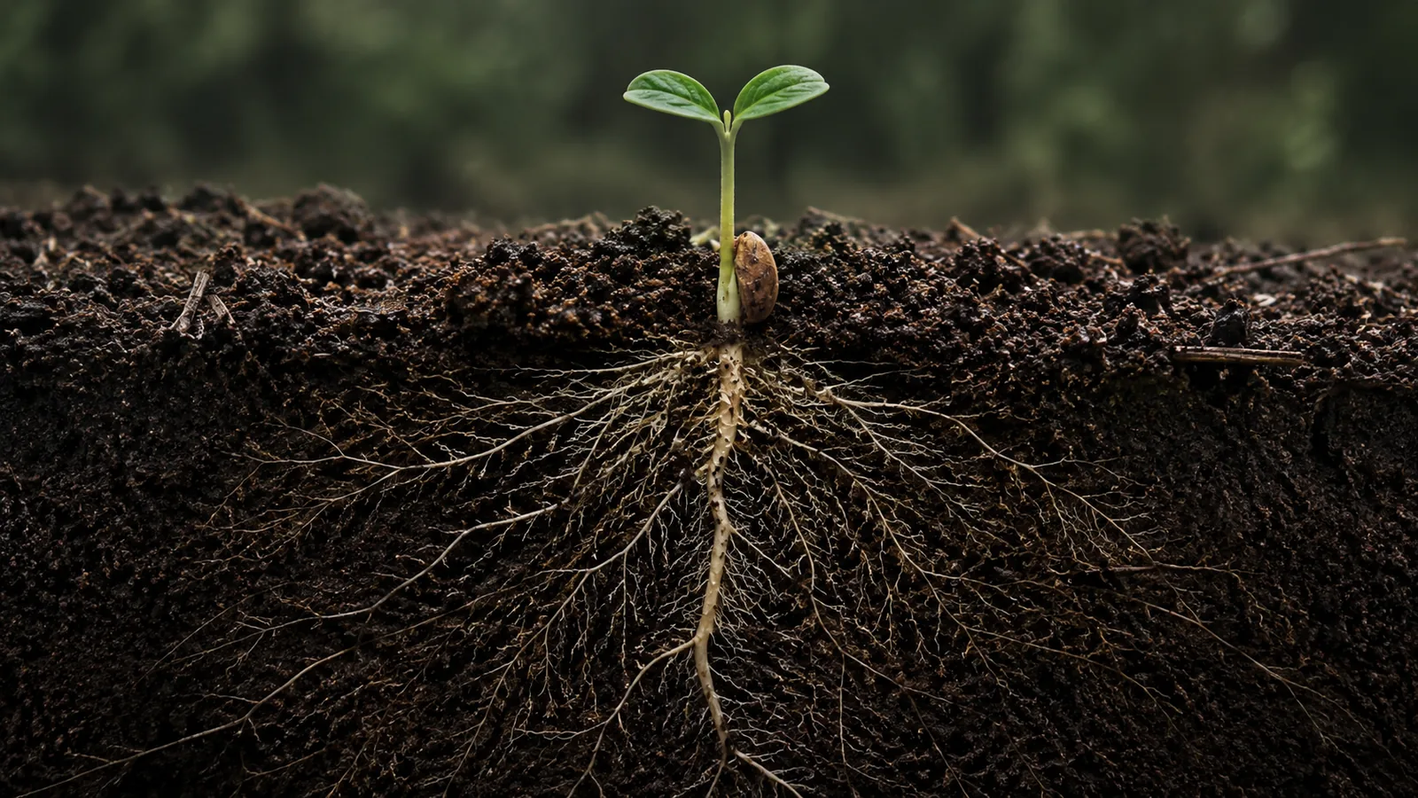 Cross-section of dark soil showing a seedling with a detailed root system
